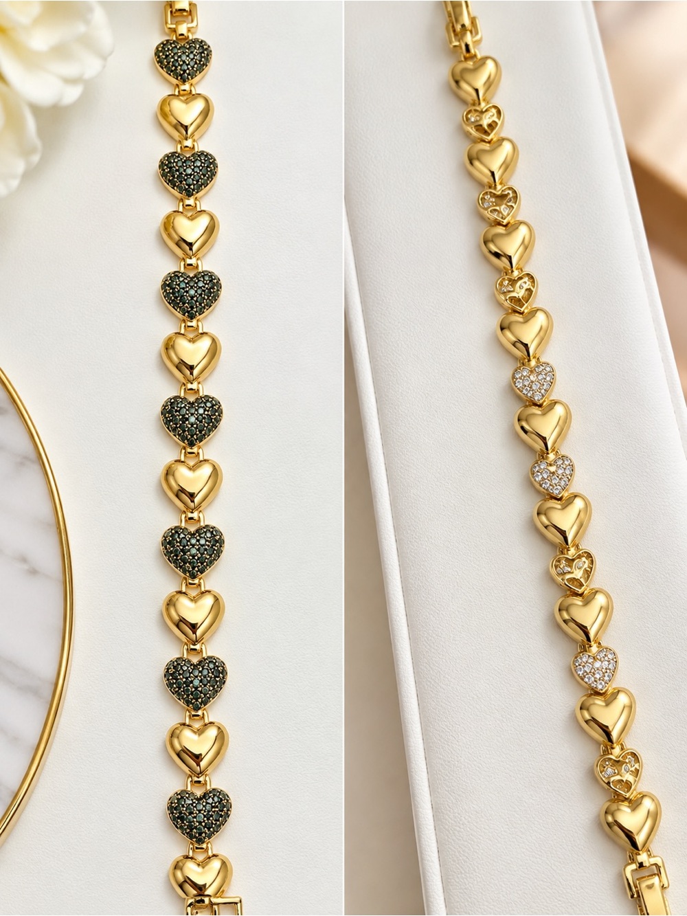 14K Gold laminated Heart Link Bracelet with Black and White Crystal Accents